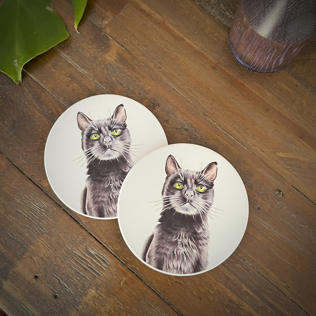 Two round coasters featuring a printed illustration of a black cat with green eyes, displayed on a rustic wooden tabletop.