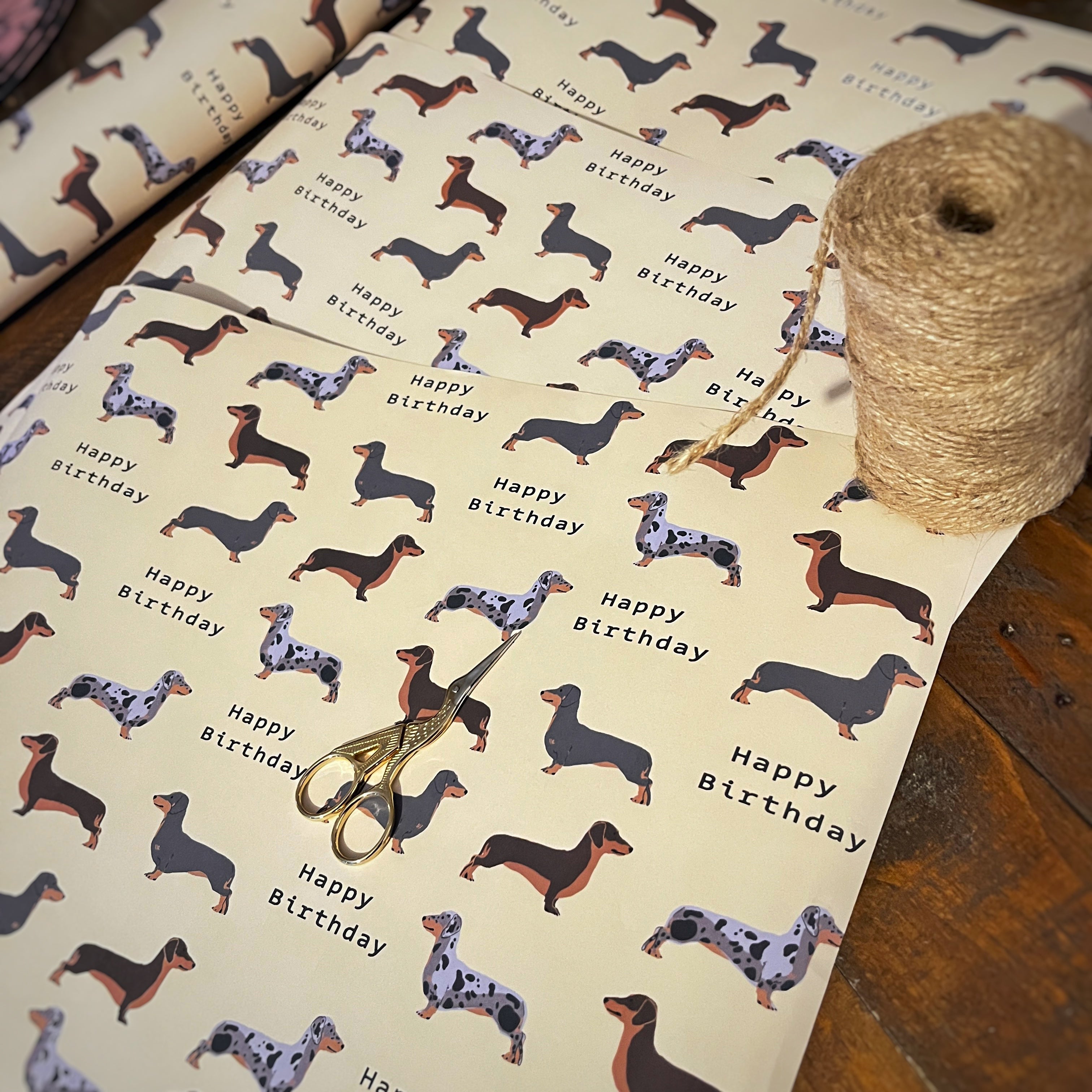 Sausage dog Birthday wrapping paper A3 sheet - handmade stationery