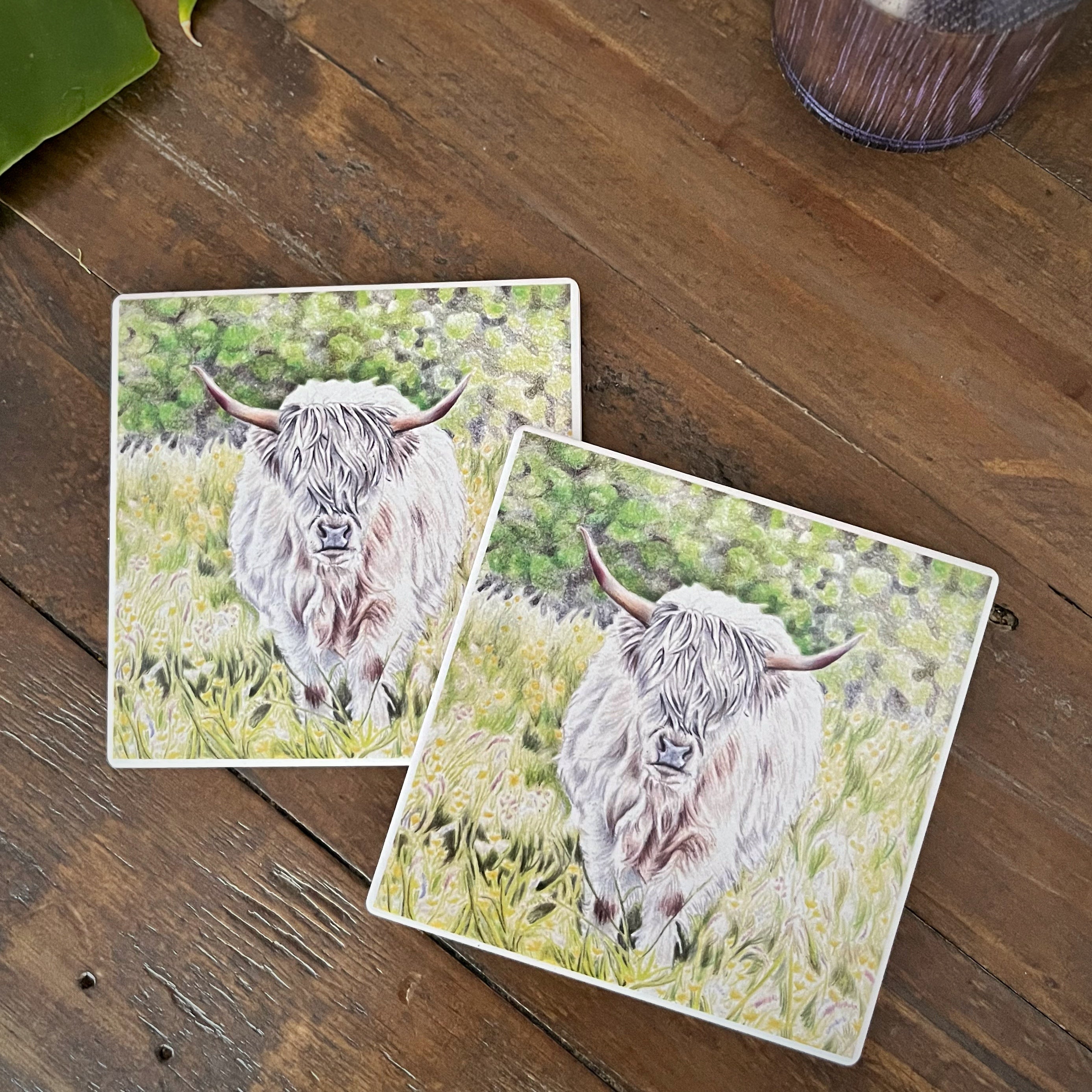 Two square coasters featuring a painted highland cow in a grassy field, displayed on a rustic wooden tabletop.