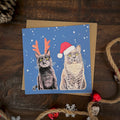 Blue Christmas-themed christmas card featuring illustrated black cat and grey cat wearing Santa hats and reindeer antlers, scattered on a wooden surface with holiday decorations including twine, a pinecone, and red ornaments.