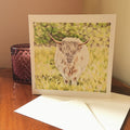 square greeting card of a hand drawn cream coloured highland cow walking in wildflowers