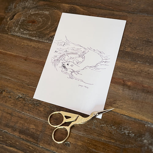 Black and white hand drawn British otter postcard for colouring in with small scissors next to it on wooden table 