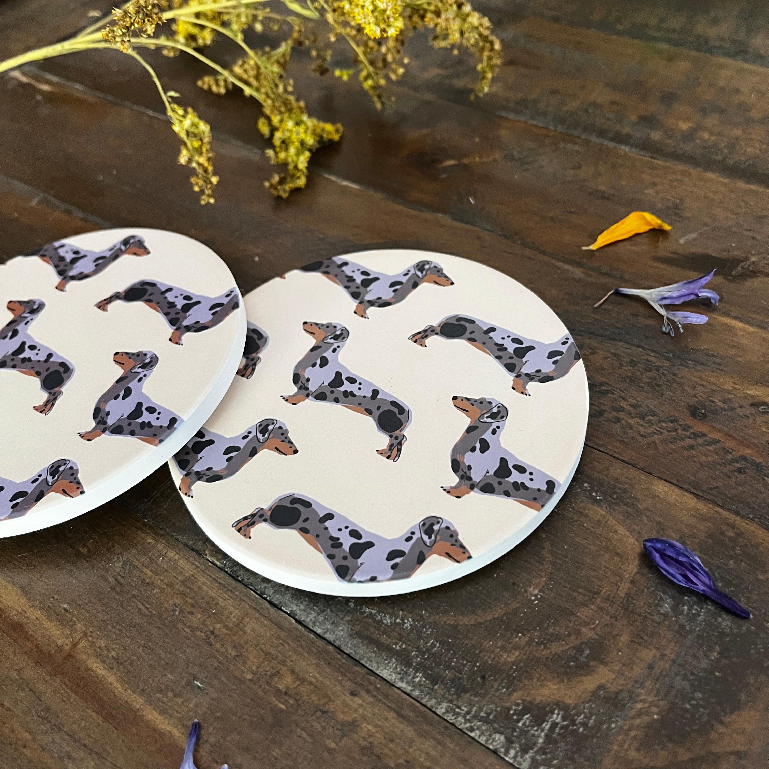 Two round coasters with a dapple dachshund illustration pattern, displayed on a rustic dark wood surface with dried yellow flowers and purple petals.