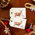 colour pencil drawing of a stag with antlers in snow Christmas gift tags with twine around it