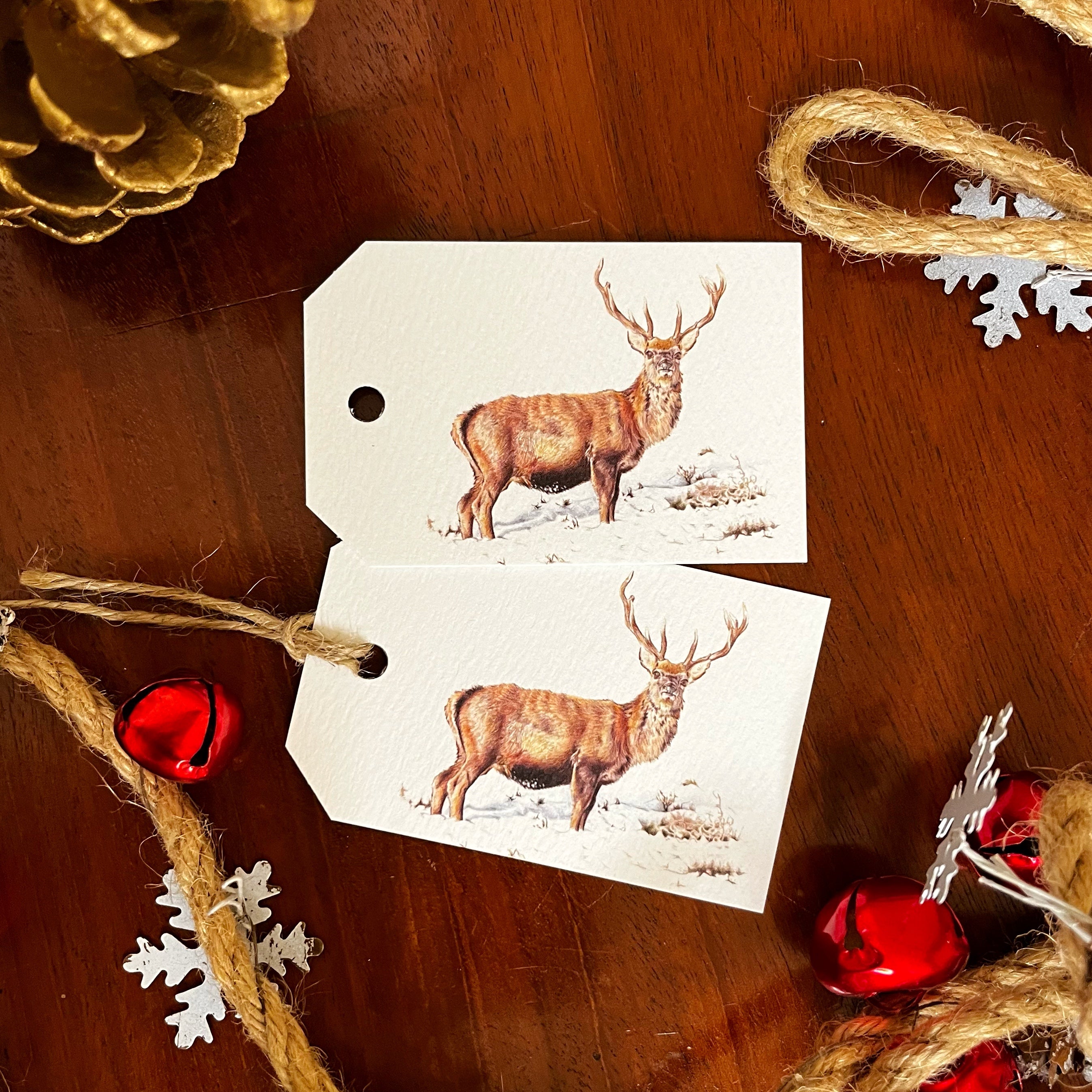 colour pencil drawing of a stag with antlers in snow Christmas gift tags with twine around it